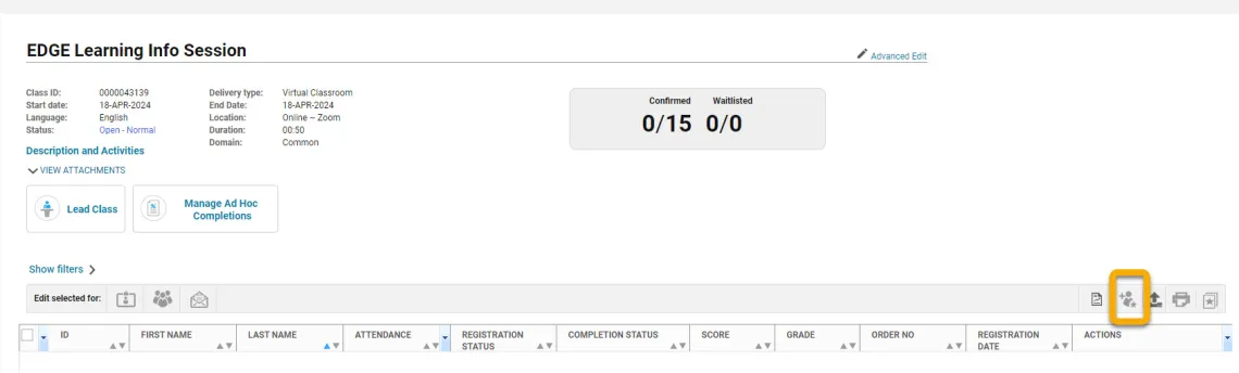 Screenshot of EDGE Learning class roster column headers with add a learner button highlighted