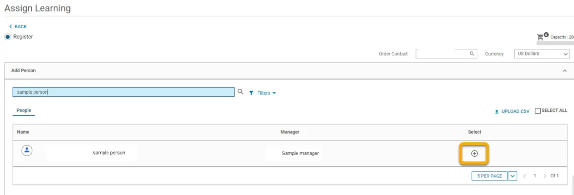 Screenshot of EDGE registration screen with plus sign highlighted to add a learner