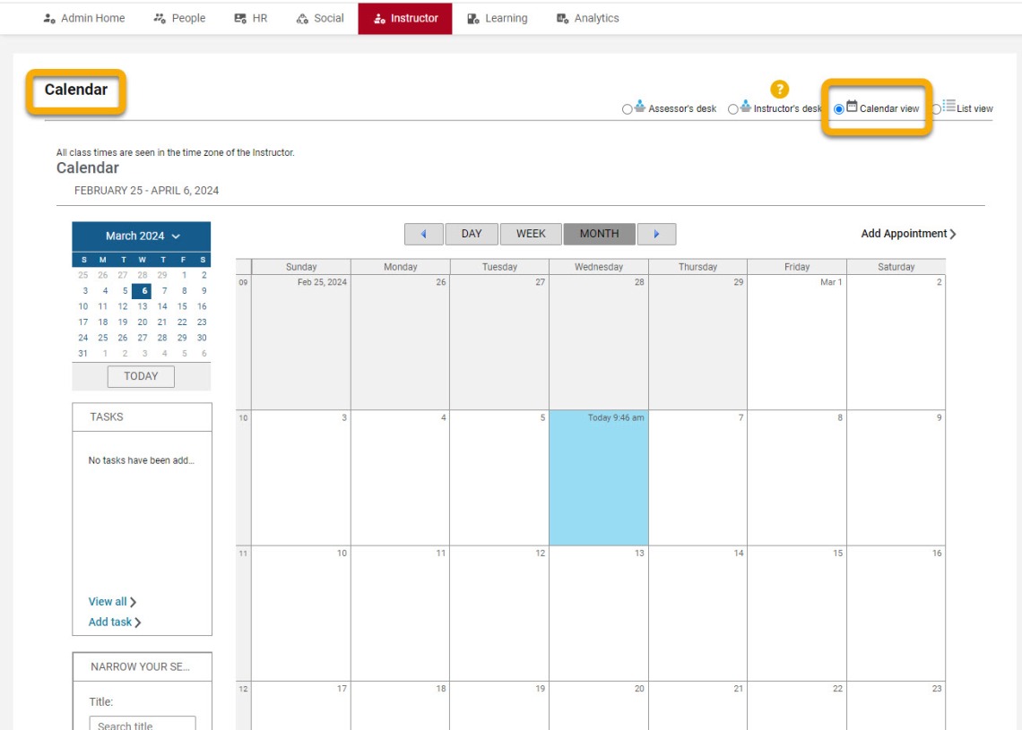 Screenshot of the Calendar View in EDGE Learning shows a grid calendar