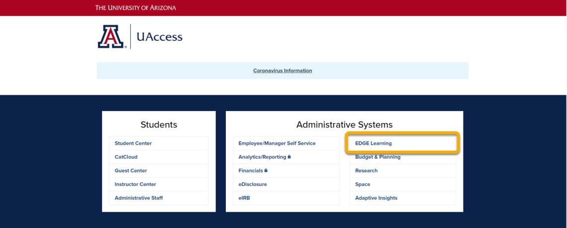 Image of UAccess dashboard with EDGE Learning highlighted