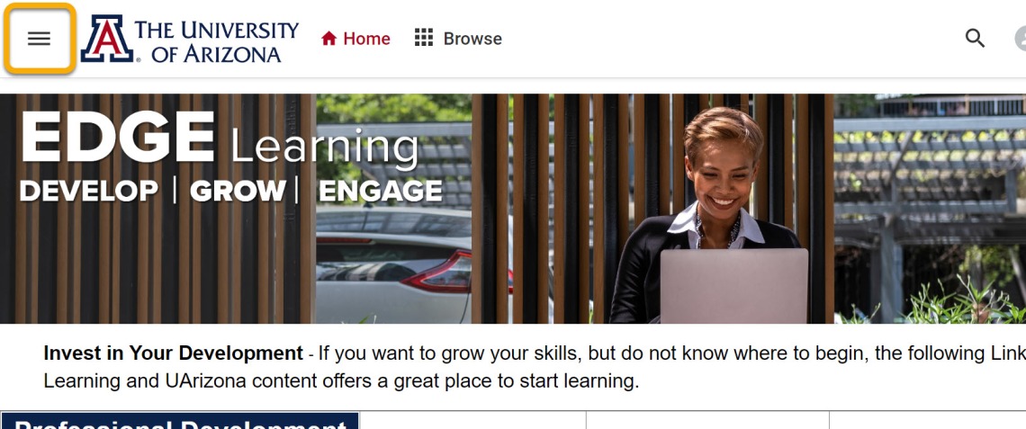 EDGE Learning homepage with navigation button highlighted