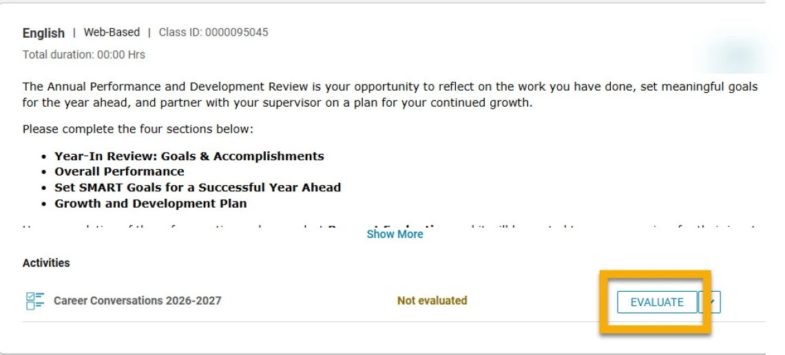 Sample course details page of Career Conversations checklist with the Evaluate button highlighted with a yellow box.