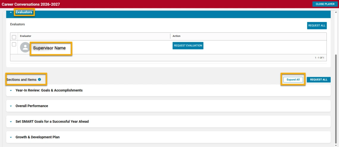 Sample career conversation checklist with the following fields highlighted with a yellow box: Evaluator, supervisor name, sections and items, and expand all