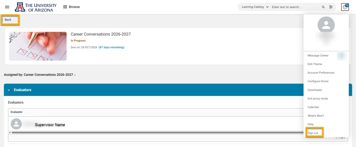 Sample checklist with Back button and Sign Out options highlighted in yellow boxes.