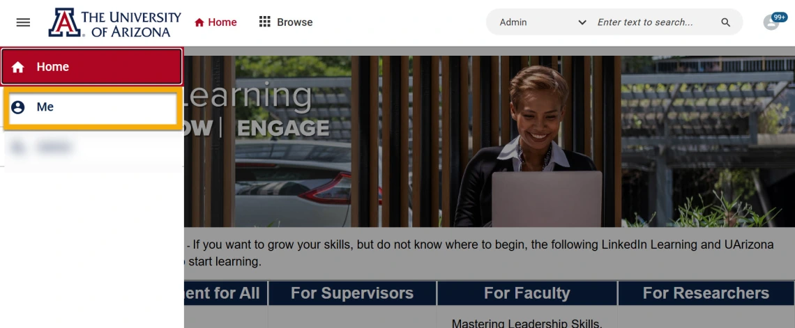Screenshot of EDGE Learning homepage with navigation menu opened and a call-out box around "me"