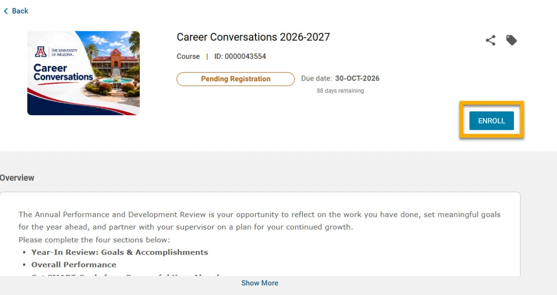Sample career conversation course details page with enroll button highlighted in yellow box.