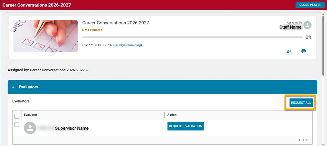 Sample Evaluator section with Request All button highlighted with yellow box. 