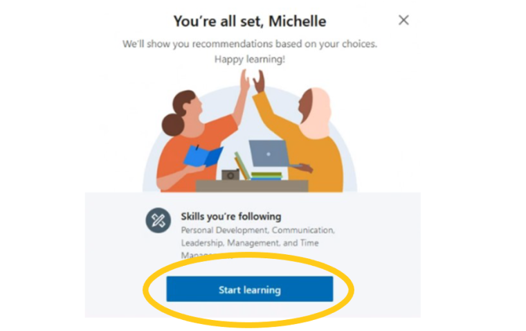 Confirmation screen with the words "start learning"