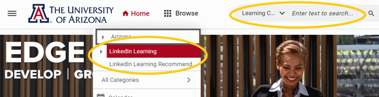 EDGE Catalog with the LinkedIn Learning opened in the Browse menu