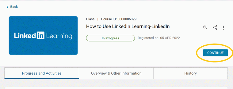 Continue button shown on a LinkedIn Learning course 