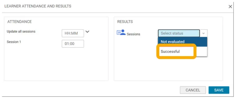 screenshot of learner status with "successful" highlighted from dropdown menu