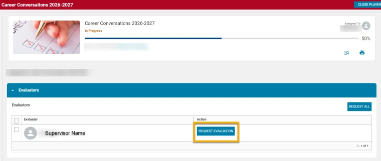 Sample employee checklist that's ready for evaluation, with the Request Evaluation button called out in a yellow box.