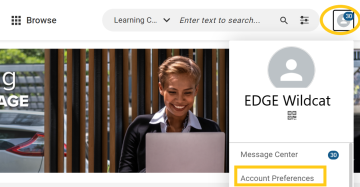 Learner's name has been selected to reveal the "Account Preferences" option