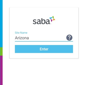Saba mobile log-in screen with "Arizona" entered into the Site Name field.