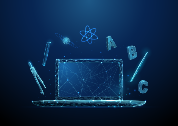 Stylized laptop with letters and tools floating above 